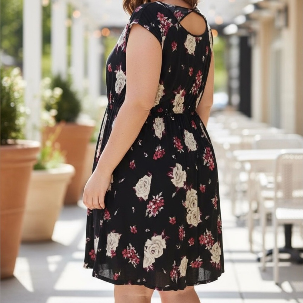 Torrid Summer Dress 2X Cut-Out Back Black/White Roses/Pink Cottagecore Boho NWOT